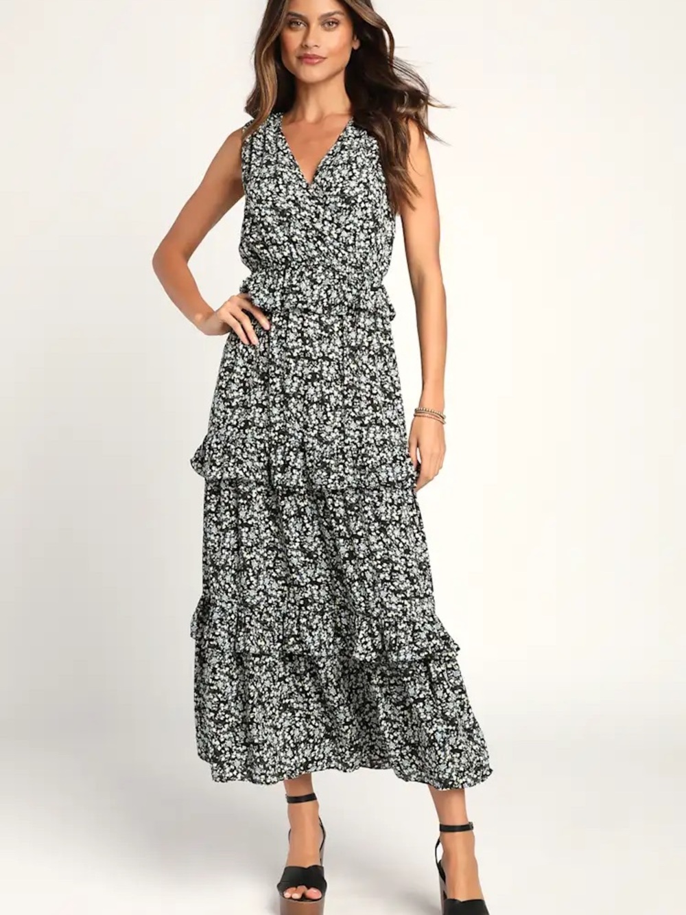Lulu's Spring in Your Step Black Floral Tiered Maxi Dress